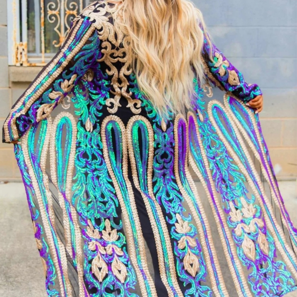 XL Sequin Duster Peacock/Mari Gras colors brand new , never worn
